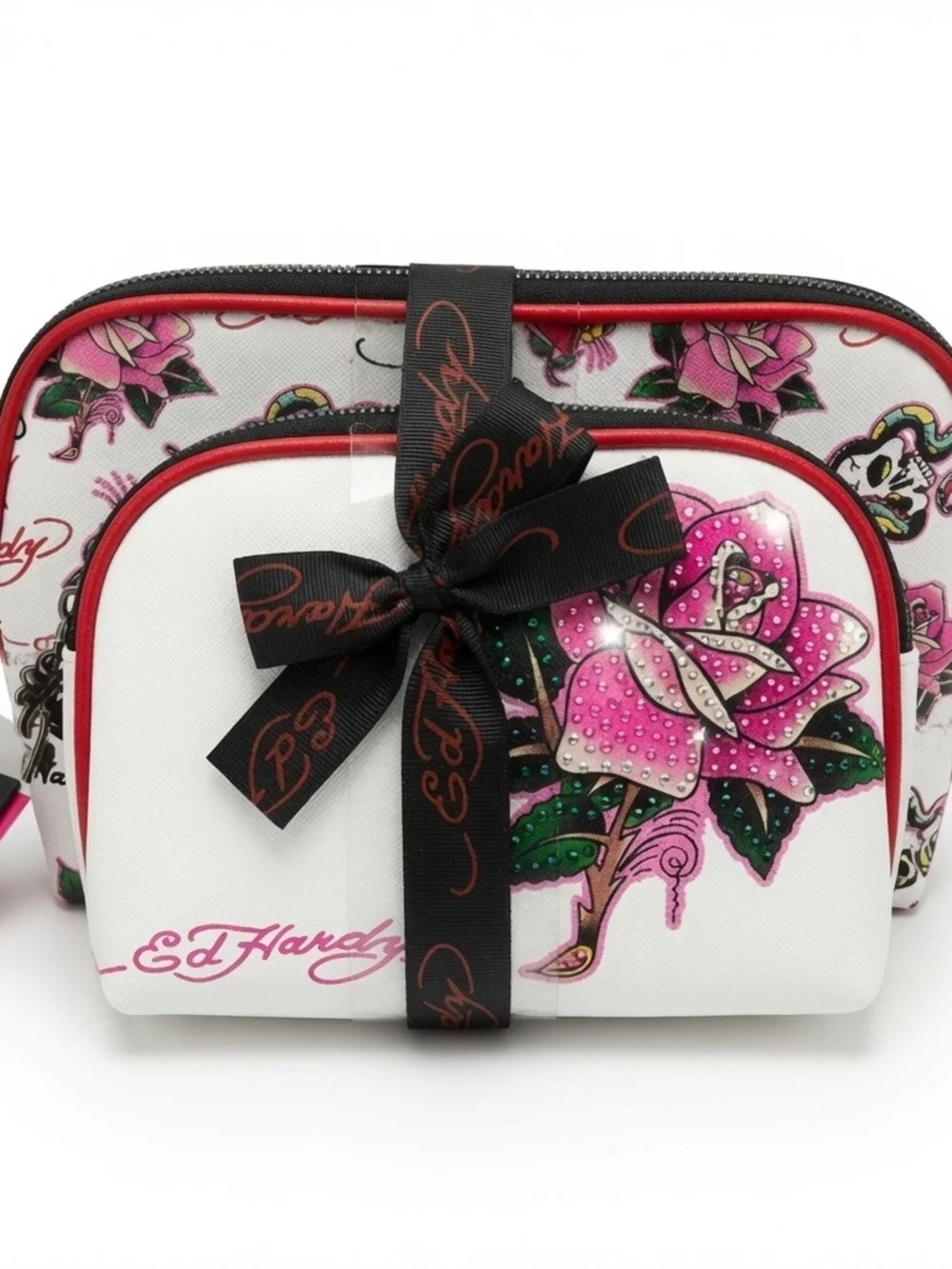 Ed Hardy White & Pink Rose Cosmetic Pouch Set